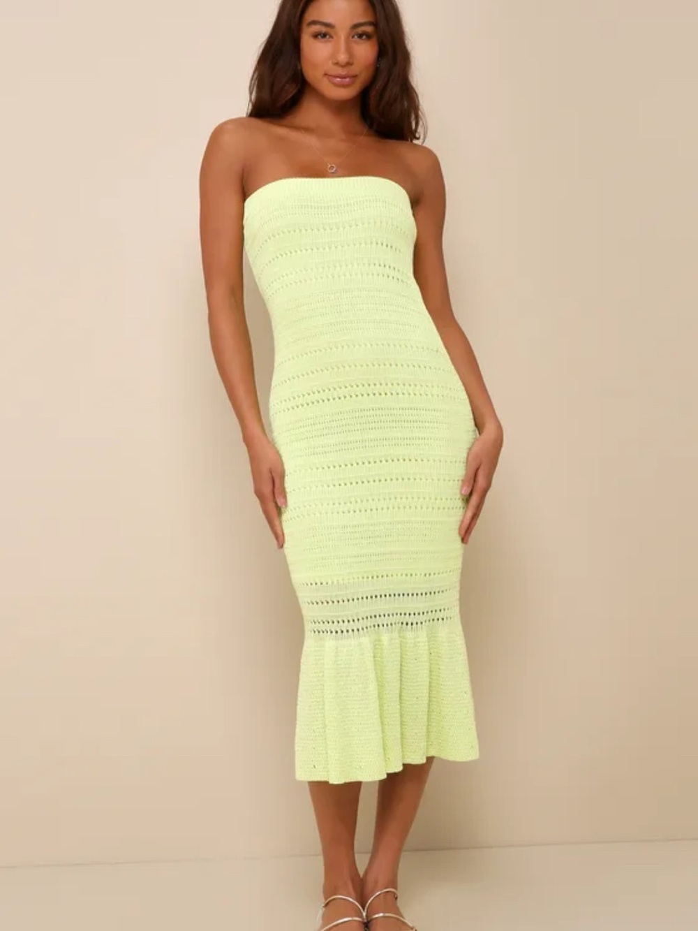 Lulu's Strapless Crochet Midi Dress in Lime Green